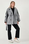 Lela Oversize Fit Kruvaze Yaka Kuşaklı Kaşe Bayan Kaban 6839669 GRİ