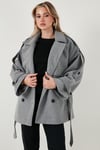 Lela Oversize Fit Kruvaze Yaka Kuşaklı Kaşe Bayan Kaban 6839669 GRİ