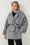 Lela Oversize Fit Kruvaze Yaka Kuşaklı Kaşe Bayan Kaban 6839669 GRİ