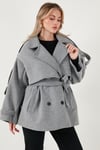 Lela Oversize Fit Kruvaze Yaka Kuşaklı Kaşe Bayan Kaban 6839669 GRİ