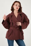 Lela Oversize Fit Kruvaze Yaka Kuşaklı Düğmeli Bayan Trençkot 6839609 BORDO