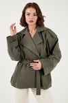 Lela Oversize Fit Kruvaze Yaka Kuşaklı Düğmeli Bayan Trençkot 6839609 HAKİ