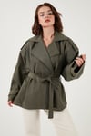 Lela Oversize Fit Kruvaze Yaka Kuşaklı Düğmeli Bayan Trençkot 6839609 HAKİ