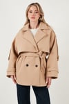 Lela Oversize Fit Kruvaze Yaka Kuşaklı Kaşe Bayan Kaban 6839669 CAMEL