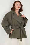 Lela Oversize Fit Kruvaze Yaka Kuşaklı Düğmeli Bayan Trençkot 6839609 HAKİ