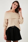 Lela Oversize Fit Madonna Yaka Triko Bayan Kazak 4615216 BEJ