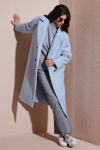 Lela Oversize Fit Mono Yaka Düğmeli Buklet Uzun Kaşe Bayan Kaban 6810236 BEBE MAVİ