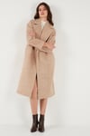 Lela Oversize Fit Mono Yaka Düğmeli Buklet Uzun Kaşe Bayan Kaban 6810236 BEJ