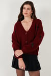 Lela Oversize Fit V Yaka Fiyonk Detaylı Düğmeli Bayan Hırka 4615577 BORDO