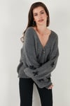 Lela Oversize Fit V Yaka Fiyonk Detaylı Düğmeli Bayan Hırka 4615577 ANTRASİT