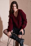 Lela Oversize Fit V Yaka Fiyonk Detaylı Düğmeli Bayan Hırka 4615577 BORDO