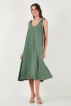 Lela Oversize Fit V Yaka Midi Boy Basic Bayan Elbise 6788688 HAKİ