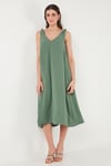 Lela Oversize Fit V Yaka Midi Boy Basic Bayan Elbise 6788688 HAKİ