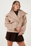 Lela Oversize Geniş Yaka Çıtçıt Düğmeli Astarlı Peluş Bayan Mont 6839623 TAŞ