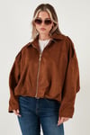 Lela Oversize Klasik Yaka Fermuarlı Süet Dokulu Bomber Bayan Ceket 6839635 TABA