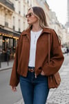 Lela Oversize Klasik Yaka Fermuarlı Süet Dokulu Bomber Bayan Ceket 6839635 TABA