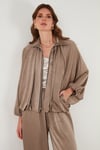 Lela Oversize Klasik Yaka Yarasa Kol Fermuarlı Saten Bayan Ceket 6839584 VİZON
