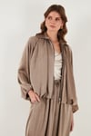 Lela Oversize Klasik Yaka Yarasa Kol Fermuarlı Saten Bayan Ceket 6839584 VİZON