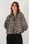 Lela Oversize Klasik Yaka Yarasa Kol Fermuarlı Bomber Bayan Ceket 6839636 LEOPAR
