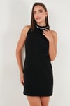 Lela Pamuk Karışımlı Fitted Fit Halter Yaka Taş Detaylı Mini Boy Abiye Bayan Elbise 6525632 SİYAH