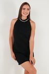 Lela Pamuk Karışımlı Fitted Fit Halter Yaka Taş Detaylı Mini Boy Abiye Bayan Elbise 6525632 SİYAH