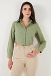 Lela Pamuk Karışımlı Slim Fit Uzun Kollu Crop Bayan Gömlek 6777336 HAKİ