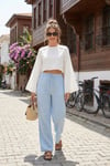 Lela Pamuklu Bağlamalı Relaxed Fit Yüksek Bel Geniş Paça Müslin Kadın Pantolon 5866663 MAVİ