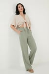 Lela Pamuklu Bağlamalı Relaxed Fit Yüksek Bel Geniş Paça Müslin Kadın Pantolon 5866663 Olive
