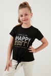 Lela Pamuklu Baskılı Bağlama Detaylı Bisiklet Yaka Kız Çocuk T Shirt 6211018 SİYAH