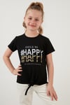 Lela Pamuklu Baskılı Bağlama Detaylı Bisiklet Yaka Kız Çocuk T Shirt 6211018 SİYAH