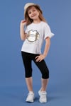 Lela Pamuklu Baskılı Kolları Fırfırlı Bisiklet Yaka Kız Çocuk T Shirt 6211019 BEYAZ