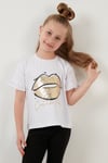 Lela Pamuklu Baskılı Kolları Fırfırlı Bisiklet Yaka Kız Çocuk T Shirt 6211019 BEYAZ
