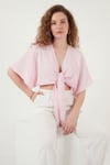 Lela Pamuklu Comfort Fit Bağlamalı Yarasa Kol Bayan Bolero 5866354 PEMBE