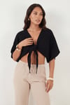Lela Pamuklu Comfort Fit Bağlamalı Yarasa Kol Kadın Bolero 5866354 SİYAH