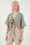 Lela Pamuklu Comfort Fit Bağlamalı Yarasa Kol Bayan Bolero 5866354 Olive
