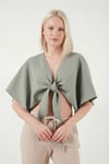 Lela Pamuklu Comfort Fit Bağlamalı Yarasa Kol Bayan Bolero 5866354 Olive