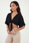 Lela Pamuklu Comfort Fit Bağlamalı Yarasa Kol Kadın Bolero 5866354 SİYAH