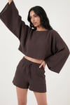 Lela Pamuklu Comfort Fit Yuvarlak Yaka Şortlu Müslin Bayan Takım 5866317 KAHVE