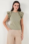 Lela Pamuklu Kolları Fırfırlı Slim Fit Bisiklet Yaka Kadın T Shirt 5864500 Olive