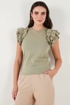 Lela Pamuklu Kolları Fırfırlı Slim Fit Bisiklet Yaka Kadın T Shirt 5864500 Olive