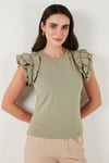 Lela Pamuklu Kolları Fırfırlı Slim Fit Bisiklet Yaka Kadın T Shirt 5864500 Olive