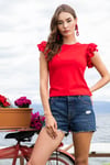 Lela Pamuklu Kolları Fırfırlı Slim Fit Bisiklet Yaka Kadın T Shirt 5864500 KIRMIZI