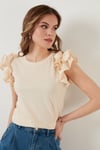 Lela Pamuklu Kolları Fırfırlı Slim Fit Bisiklet Yaka Kadın T Shirt 5864500 TAŞ
