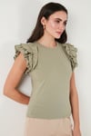Lela Pamuklu Kolları Fırfırlı Slim Fit Bisiklet Yaka Kadın T Shirt 5864500 Olive