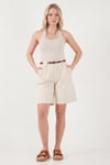 Lela Pamuklu Loose Fit Pileli Kemerli Bermuda Bayan Şort 668YP5439 TAŞ