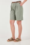 Lela Pamuklu Loose Fit Pileli Kemerli Bermuda Bayan Şort 668YP5439 AÇIK HAKİ