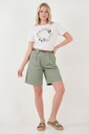 Lela Pamuklu Loose Fit Pileli Kemerli Bermuda Bayan Şort 668YP5439 AÇIK HAKİ