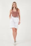 Lela Pamuklu Loose Fit Pileli Kemerli Bermuda Kadın Şort 668YP5439 BEYAZ