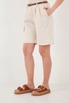 Lela Pamuklu Loose Fit Pileli Kemerli Bermuda Bayan Şort 668YP5439 TAŞ