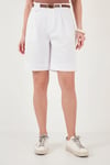 Lela Pamuklu Loose Fit Pileli Kemerli Bermuda Kadın Şort 668YP5439 BEYAZ